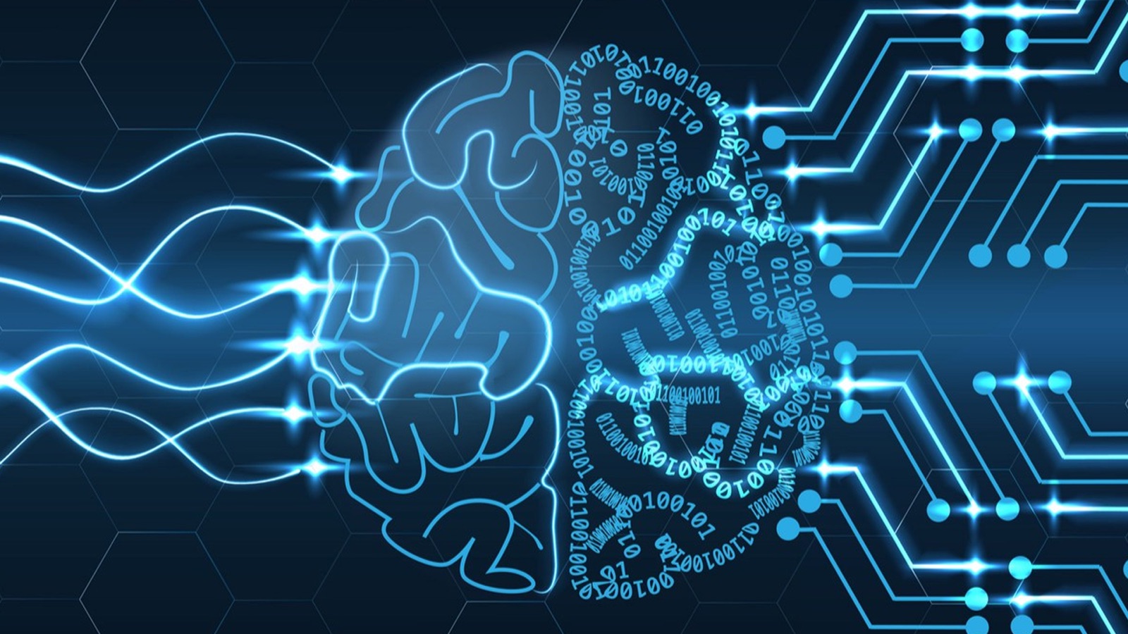 Illustration of a circuit-board brain made of binary digits