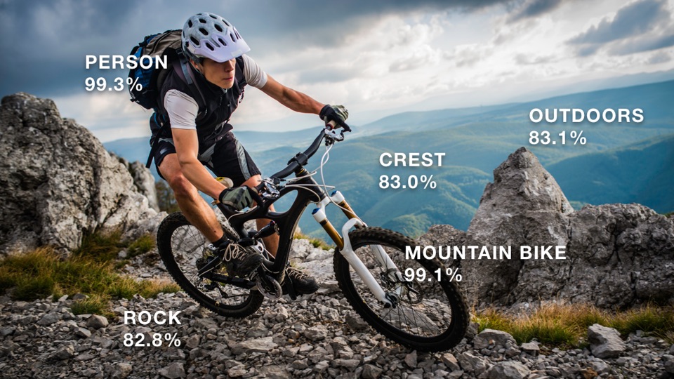 Cyclist on a mountain trail with object detection labels